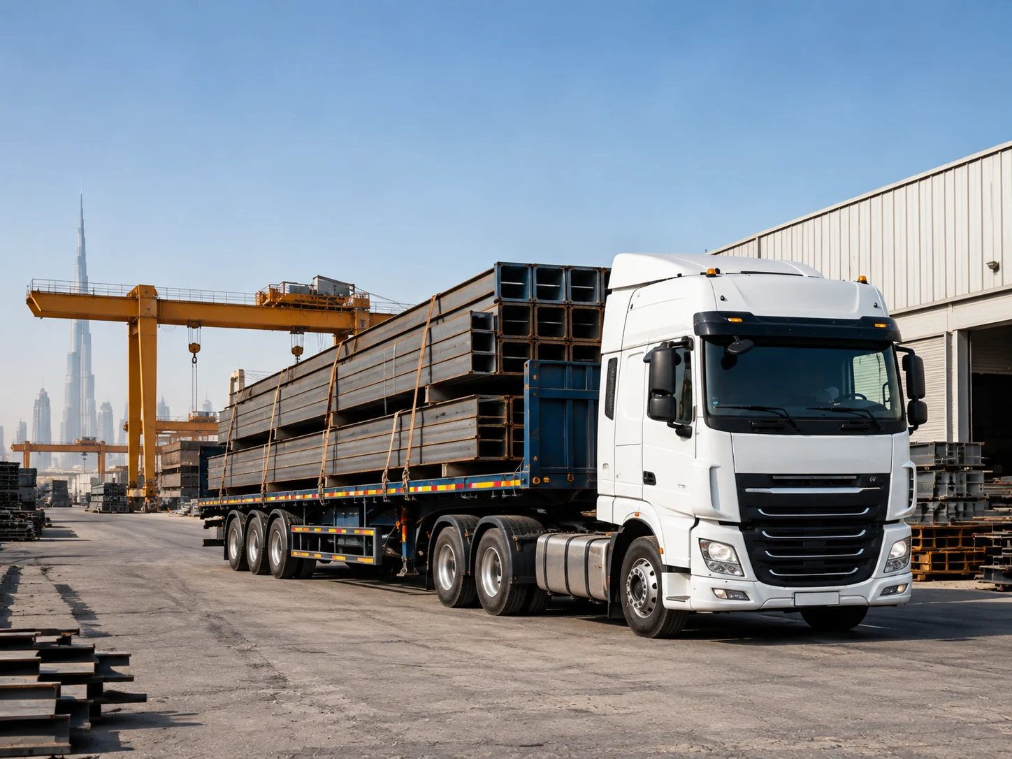 Steel cargo secured for transportation in an industrial yard
