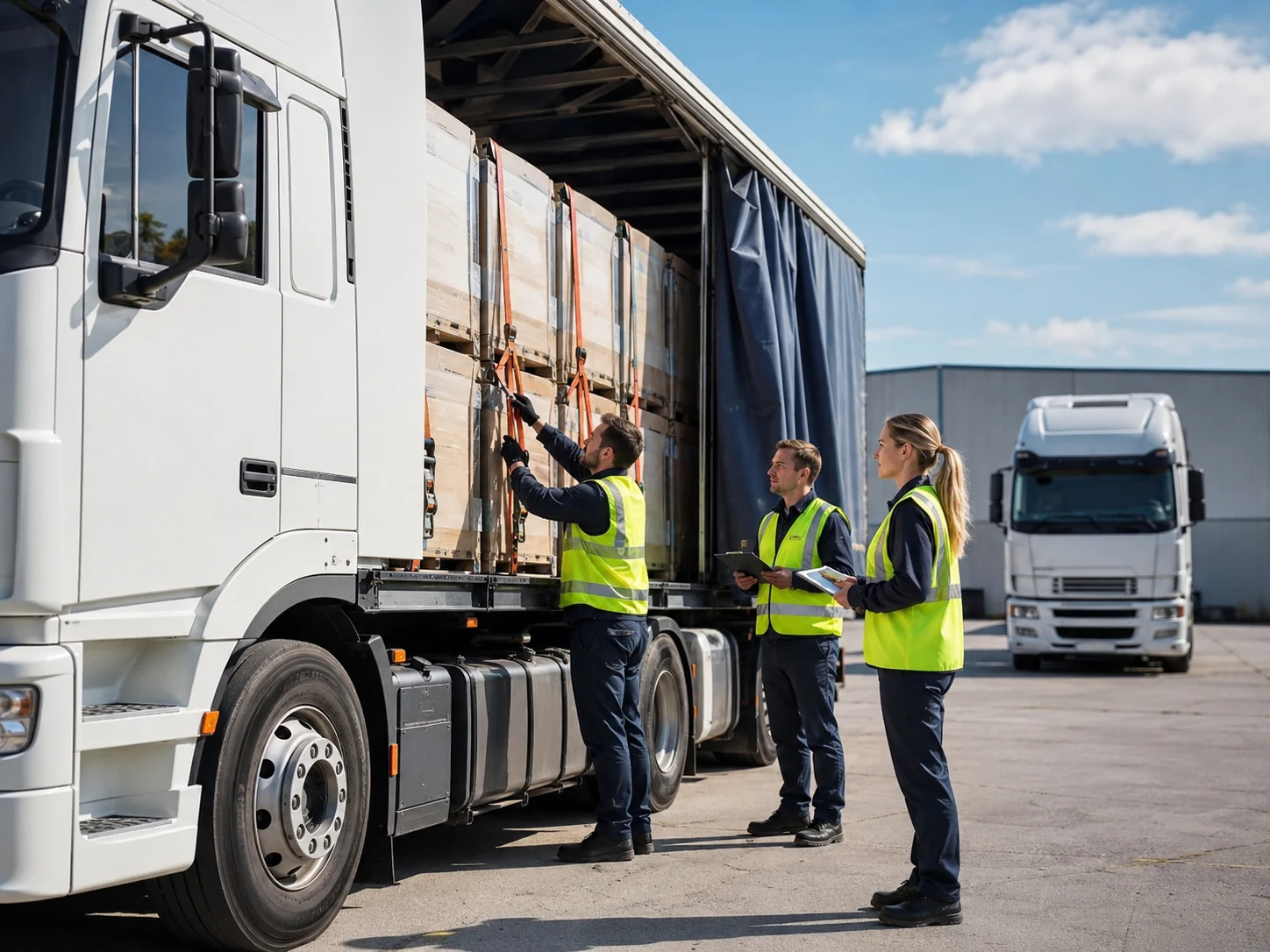 Transport staff inspecting and securing cargo before dispatch