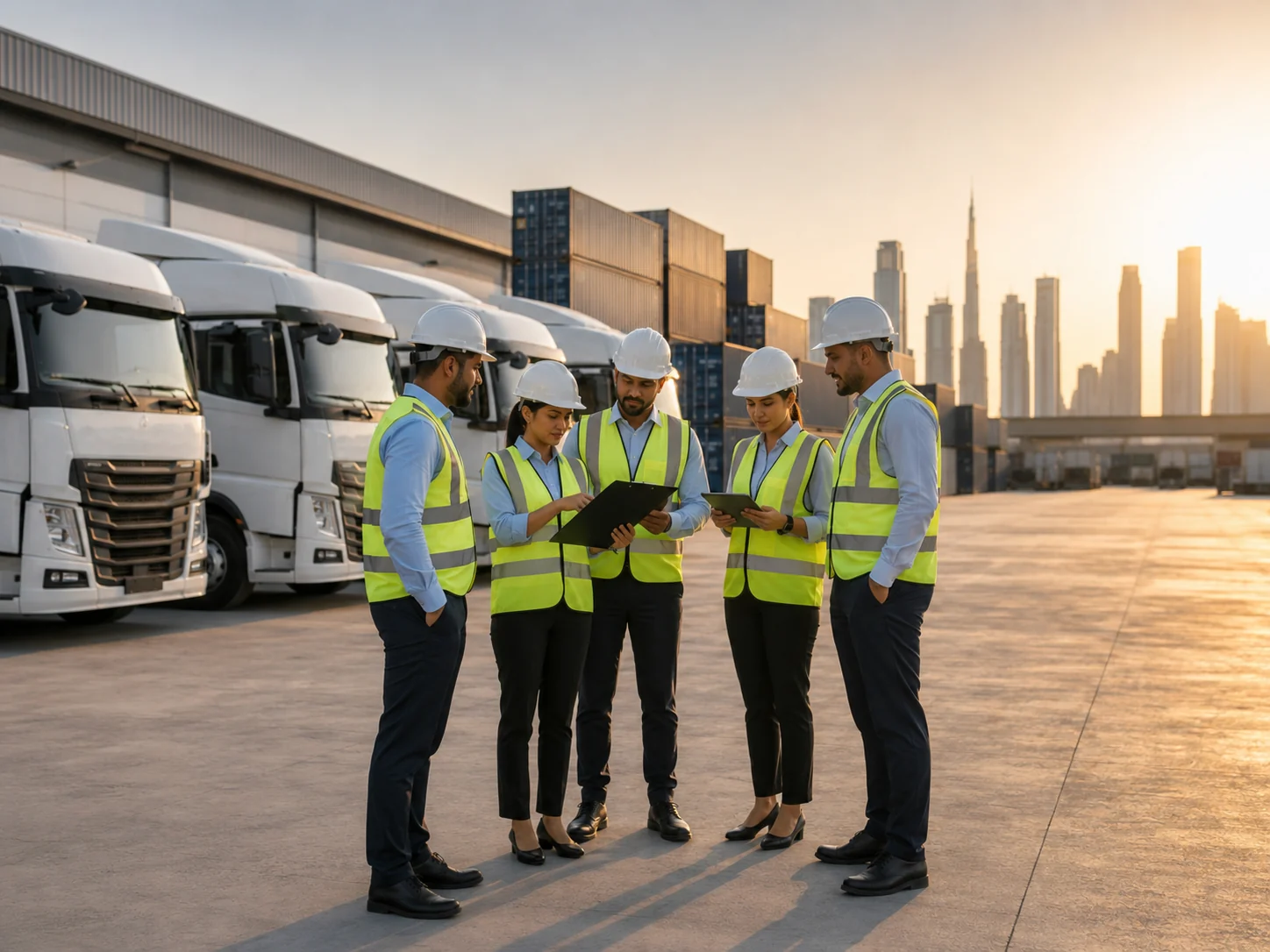 Professional transport operations team briefing beside the fleet